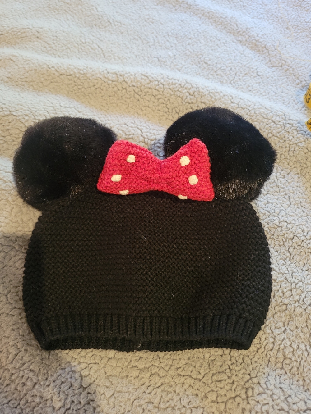 GAP Disney Black Knit Hat with Red Polka Dot Bow and Faux Fur Pom Ears